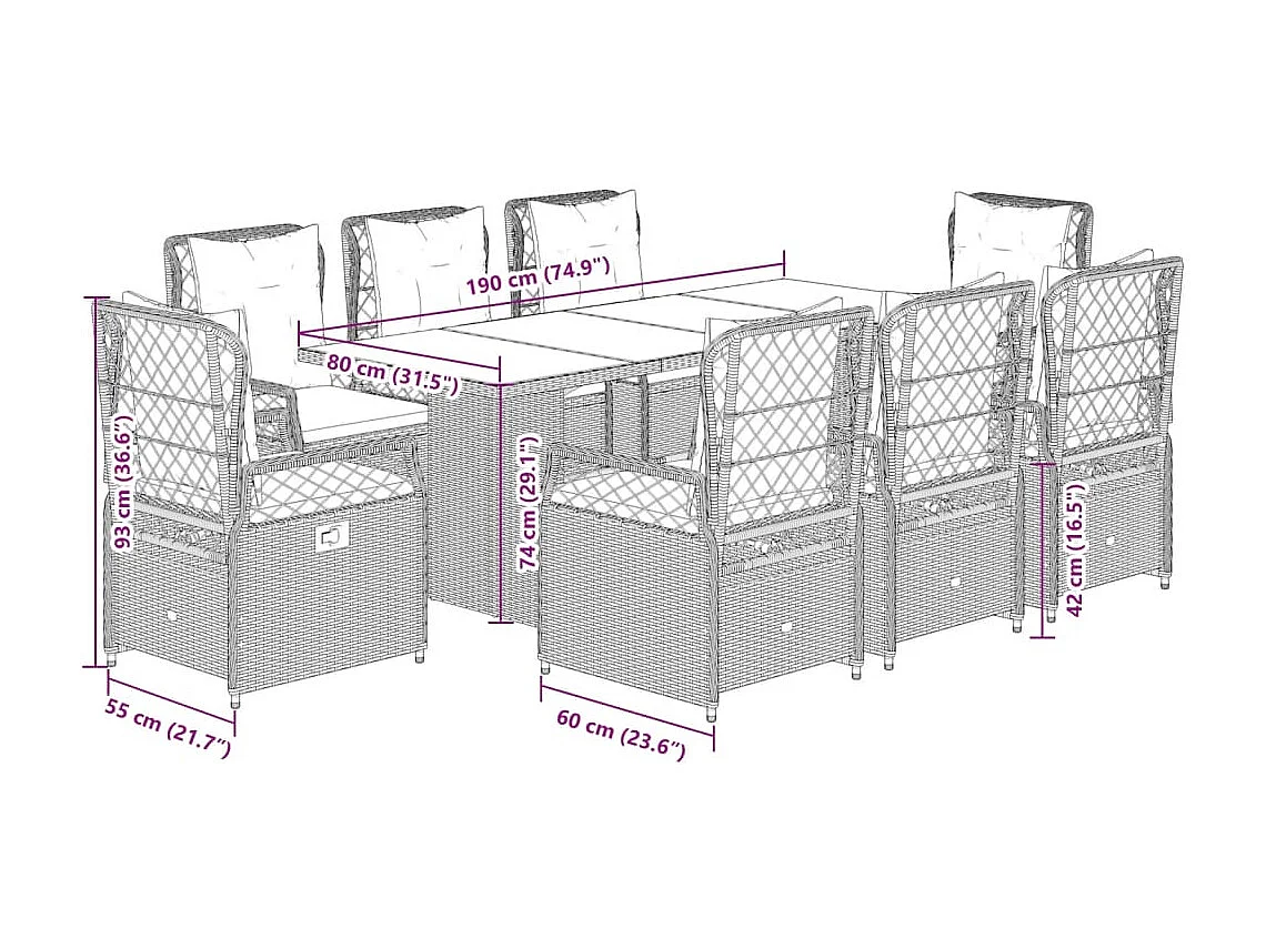 Veteli  Set de comedor de jardín 9 pzas y cojines ratán sintético negro