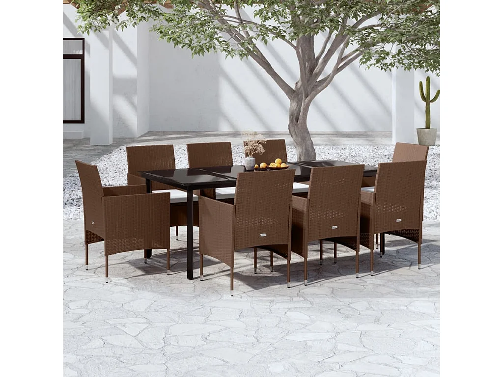 Hillsboro  Ensemble à manger de jardin coussins 9 pcs Marron/noir