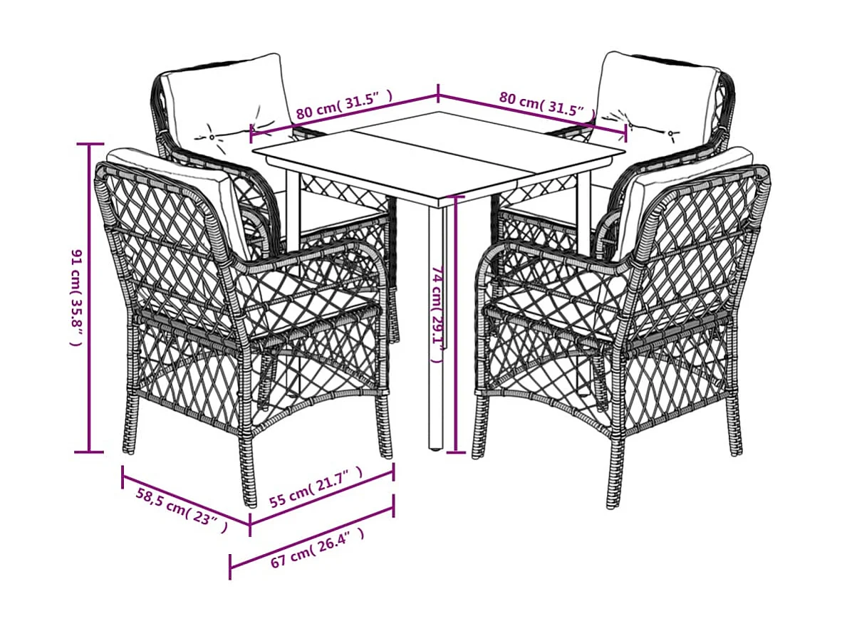 Solvi  5-delige Tuinset met kussens poly rattan zwart