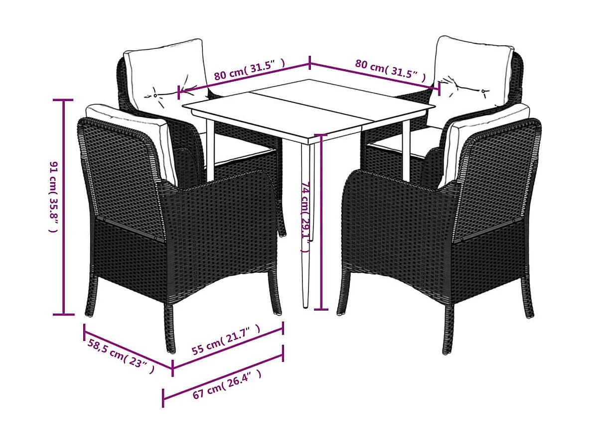 Phelindra  Ensemble à manger de jardin et coussins 5 pcs gris clair rotin