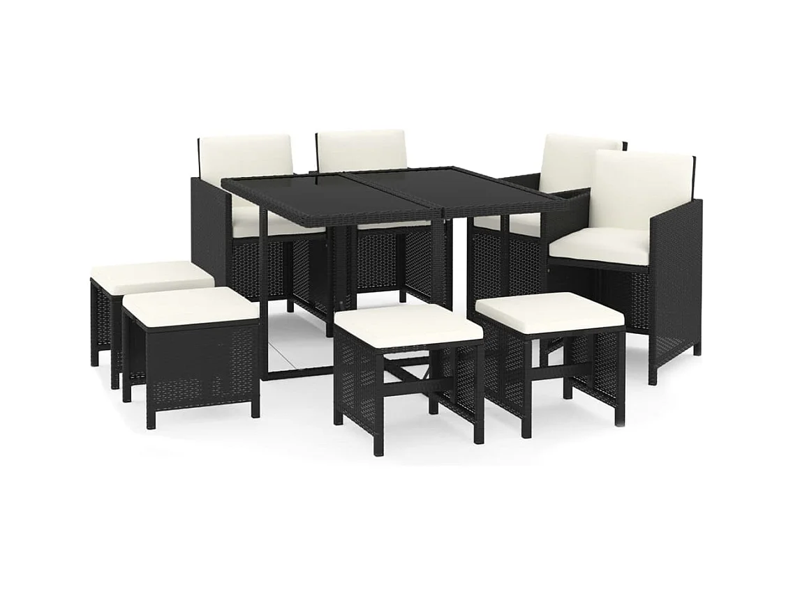 Hugo  Set de comedor de jardín 9 pzas y cojines ratán sintético negro