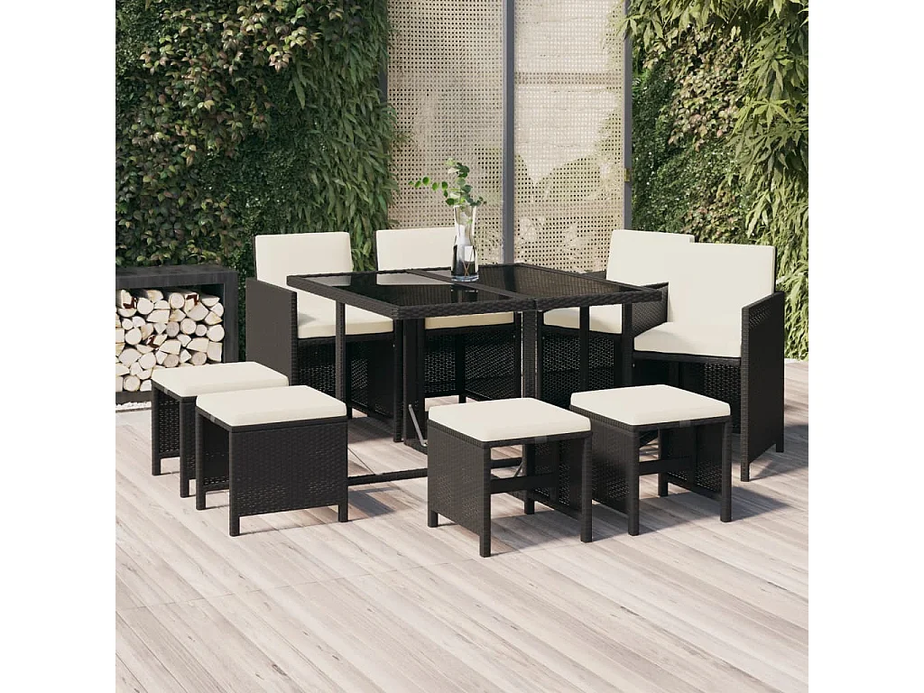 Hugo  Ensemble à manger de jardin coussins 9pcs Résine tressée Noir