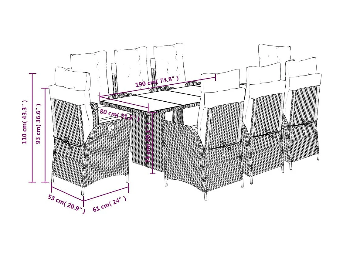 Anselm  Set comedor para jardín 9 pzas y cojines ratán sintético marrón