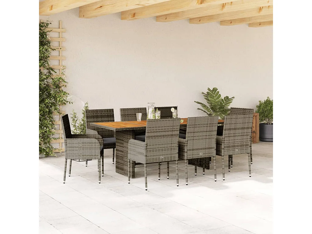 Ymir  Set comedor jardín 9 pzas y cojines ratán sintético gris