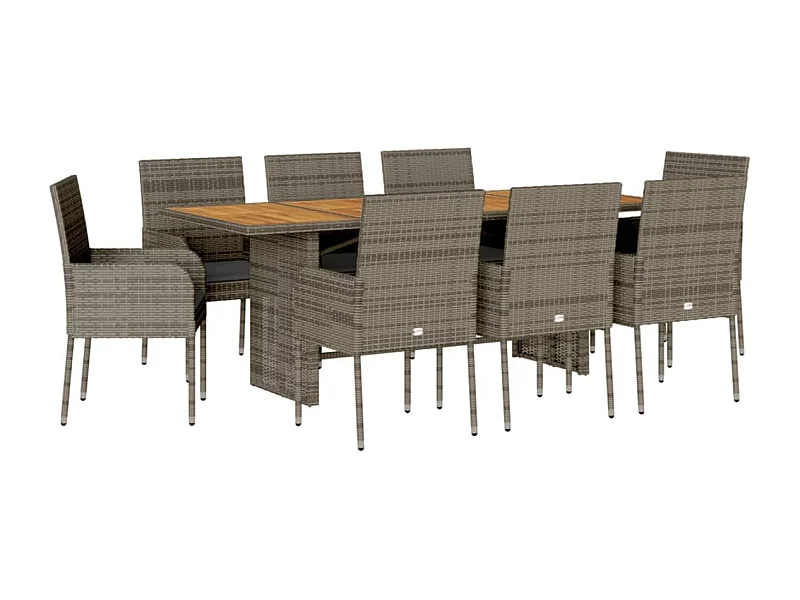 Ymir  Set comedor jardín 9 pzas y cojines ratán sintético gris