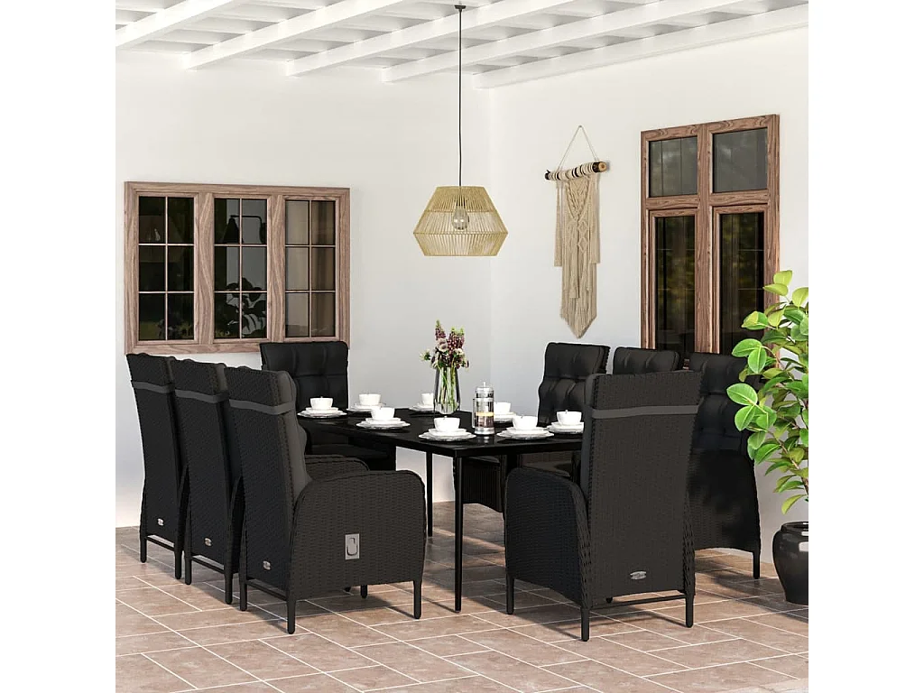 Vernon  Juego de comedor de jardín 9 piezas con cojines negro