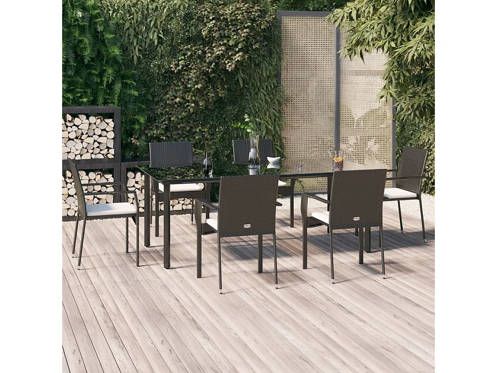 Karl Mason  Ensemble à manger de jardin coussins 7pcs Noir Résine tressée