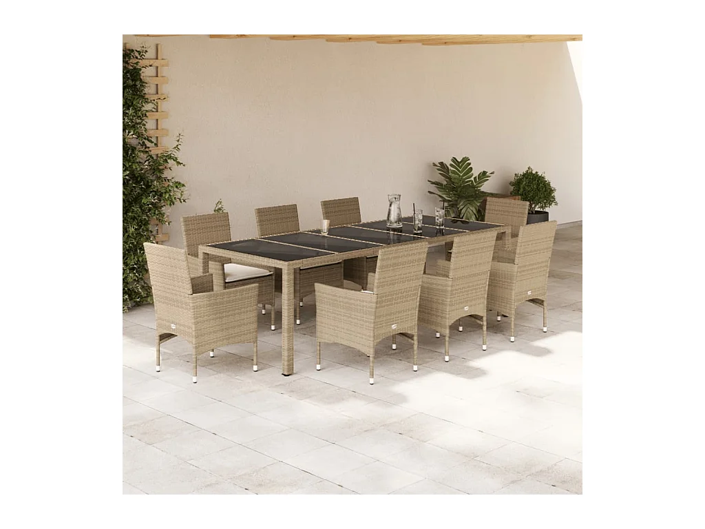 Ulric  Ensemble à manger de jardin et coussins 9 pcs beige rotin verre