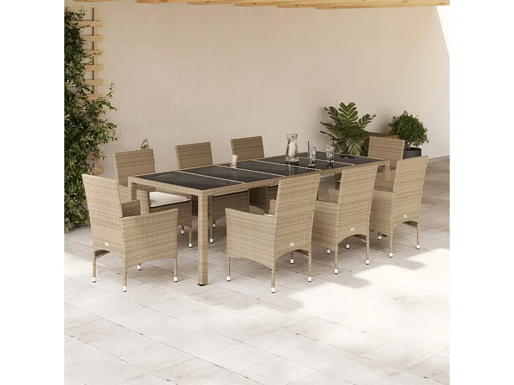 Ulric  Ensemble à manger de jardin et coussins 9 pcs beige rotin verre