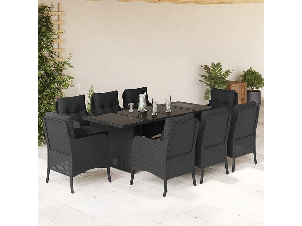 Karlyn  Ensemble à manger de jardin 9pcs coussins noir résine tressée