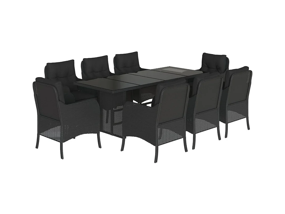 Karlyn  Set de comedor de jardín 9 pzas y cojines ratán sintético negro
