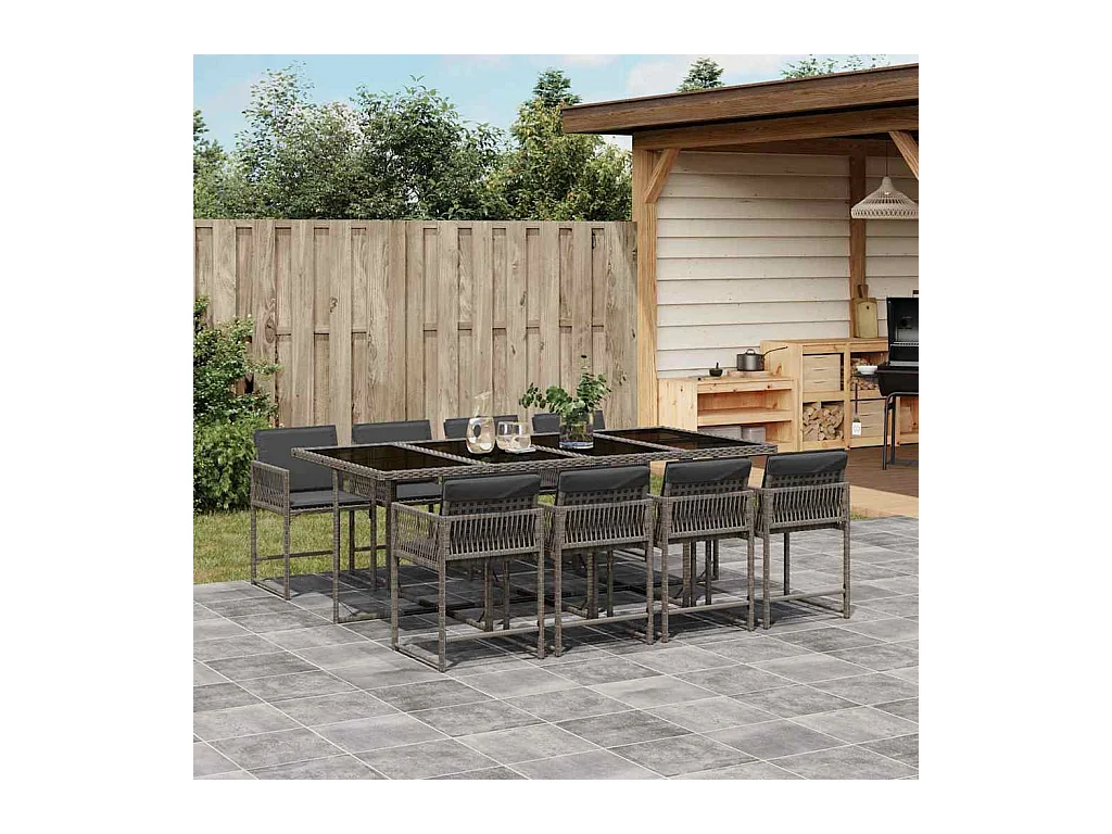 Sharif  Ensemble à manger de jardin 9 pcs coussins gris résine tressée