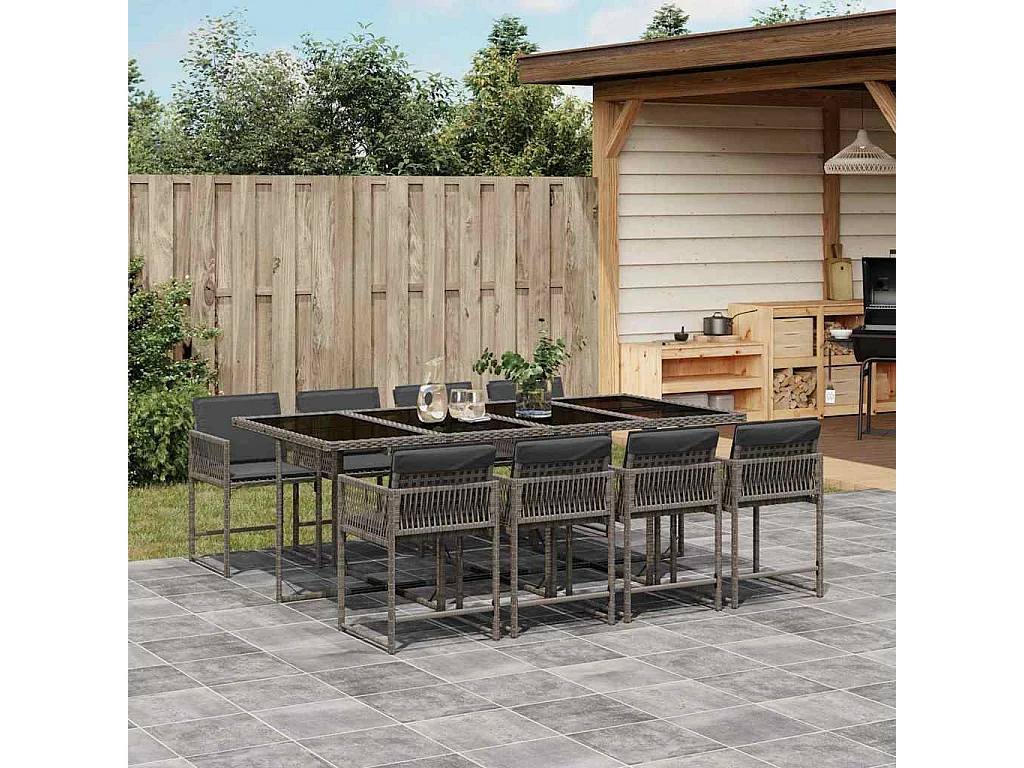 Sharif  Set comedor jardín 9 pzas y cojines ratán sintético gris