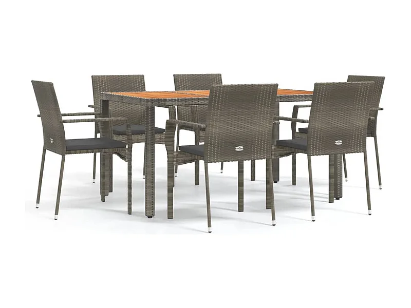 Tønder  Set comedor jardín 7 pzas y cojines ratán sintético gris