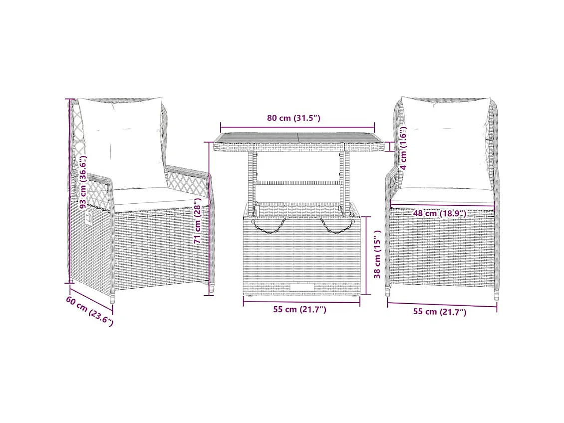 Ylva  Ensemble à manger de jardin 3 pcs coussins gris résine tressée