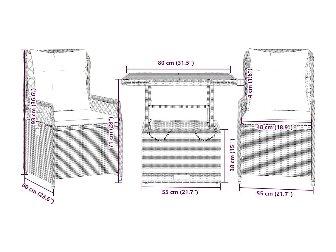 Ylva  Ensemble à manger de jardin 3 pcs coussins gris résine tressée
