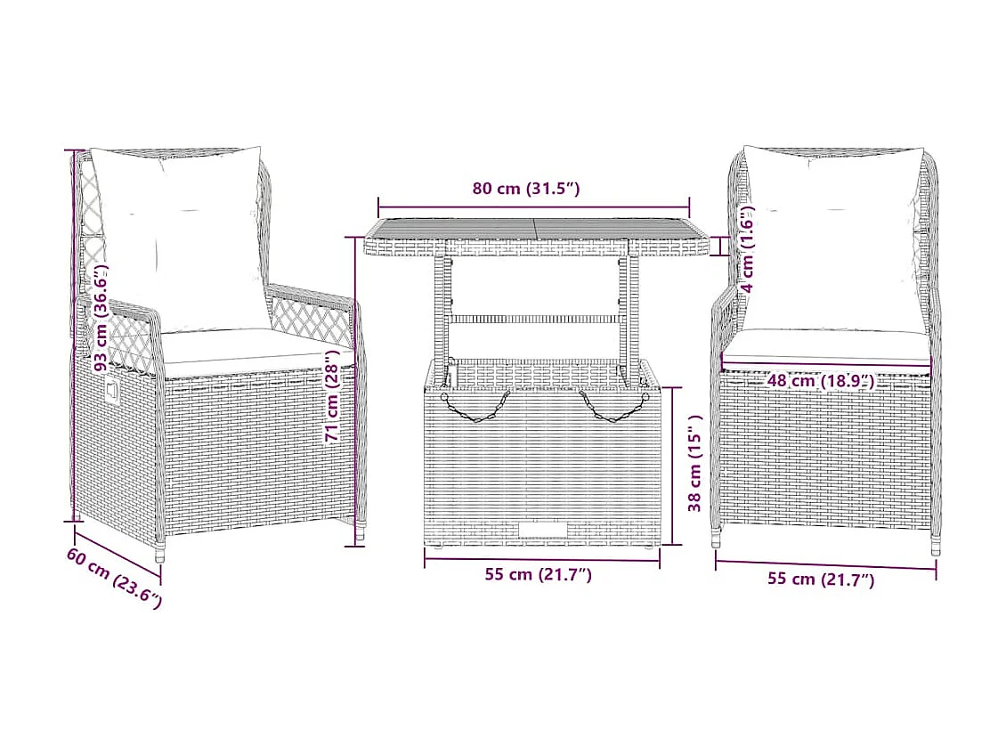 Ylva  Ensemble à manger de jardin 3 pcs coussins gris résine tressée