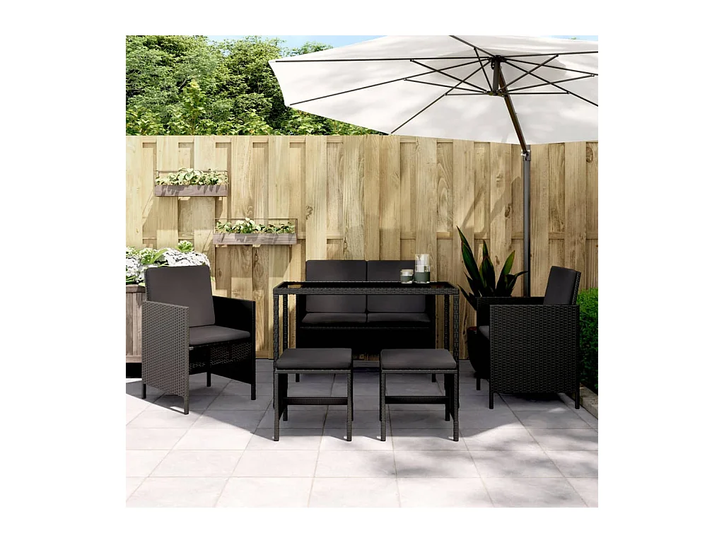 Kaleva  Ensemble à manger de jardin coussins 6pcs noir résine tressée