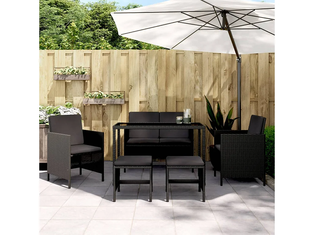 Kaleva  Ensemble à manger de jardin coussins 6pcs noir résine tressée