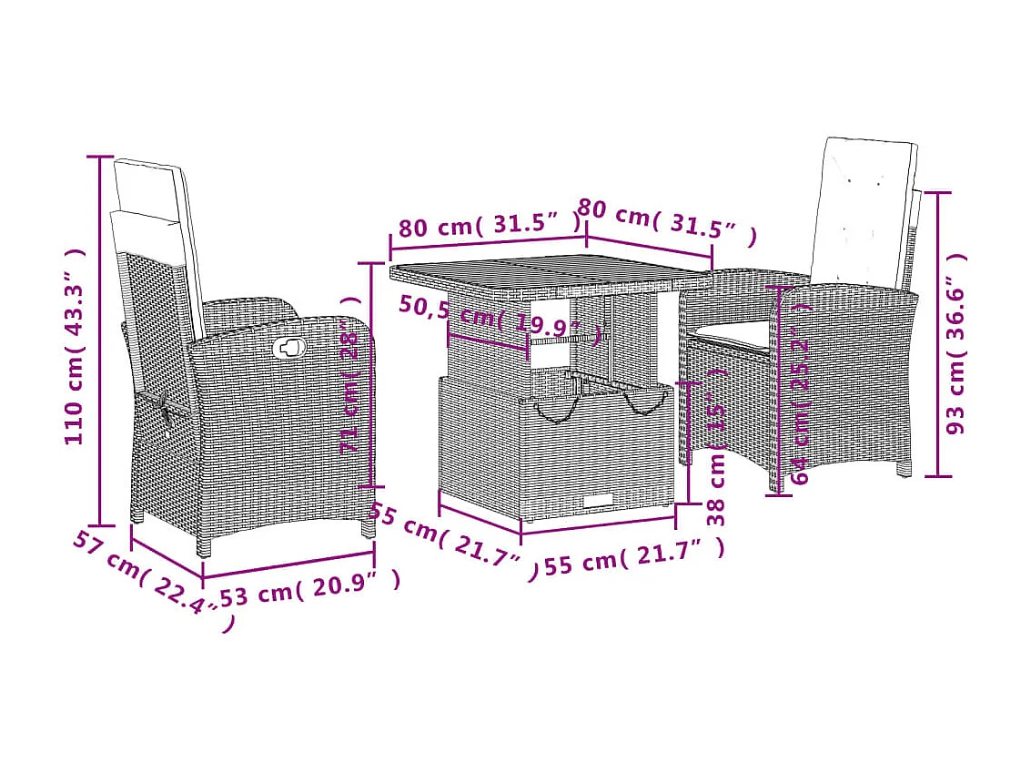 Toby Dean  3-delige Tuinset met kussens poly rattan zwart