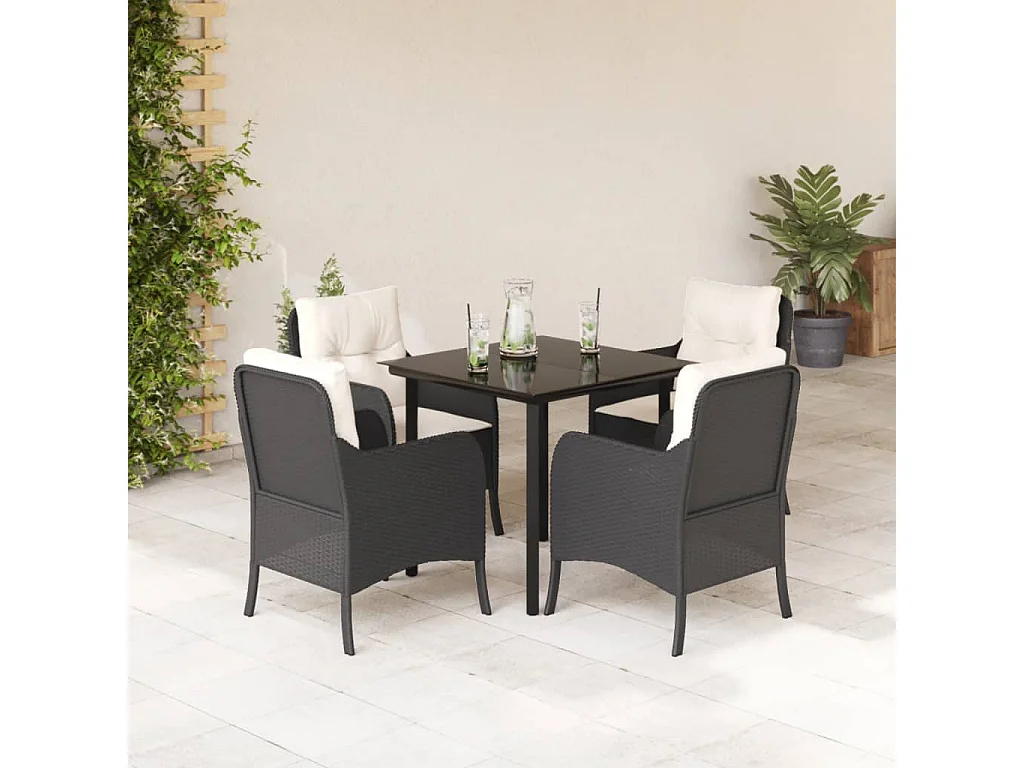 Askøy  Ensemble à manger de jardin coussins 5pcs Noir Résine tressée