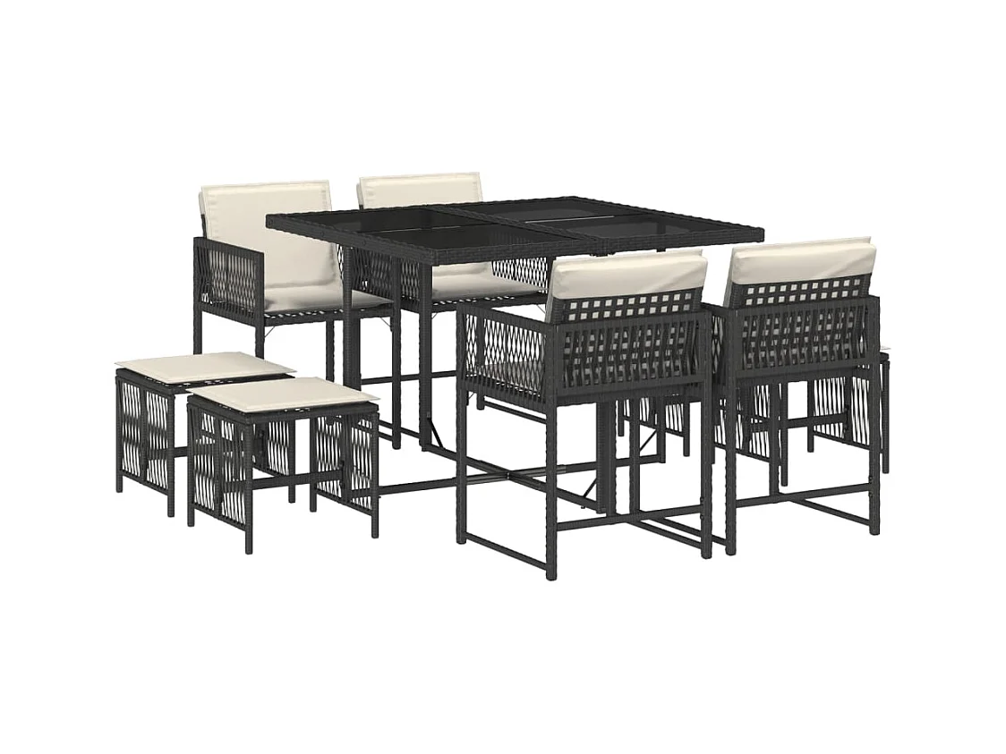 Xeli  Set de comedor de jardín 9 pzas y cojines ratán sintético negro