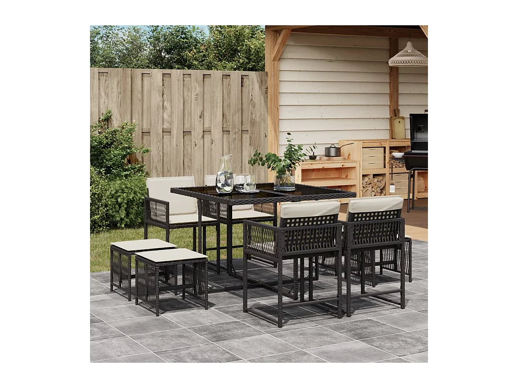 Xeli  Set de comedor de jardín 9 pzas y cojines ratán sintético negro