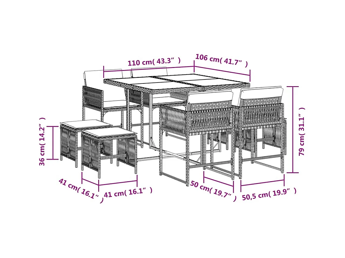 Xeli  Set de comedor de jardín 9 pzas y cojines ratán sintético negro