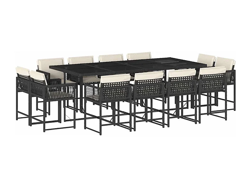 Emilia  Set comedor de jardín con cojines 13 pzas ratán sintético negro