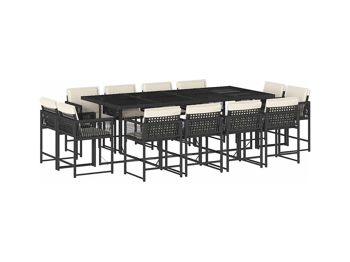 Emilia  Set comedor de jardín con cojines 13 pzas ratán sintético negro