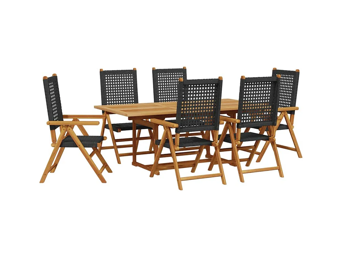 Grilda  Ensemble à manger de jardin 7 pcs noir rotin et bois massif