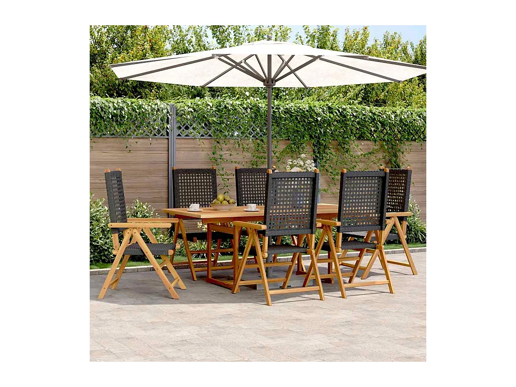 Grilda  Ensemble à manger de jardin 7 pcs noir rotin et bois massif