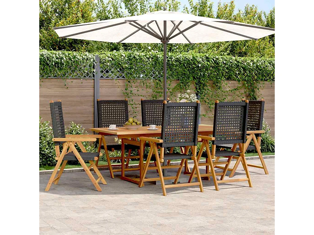 Grilda  Ensemble à manger de jardin 7 pcs noir rotin et bois massif