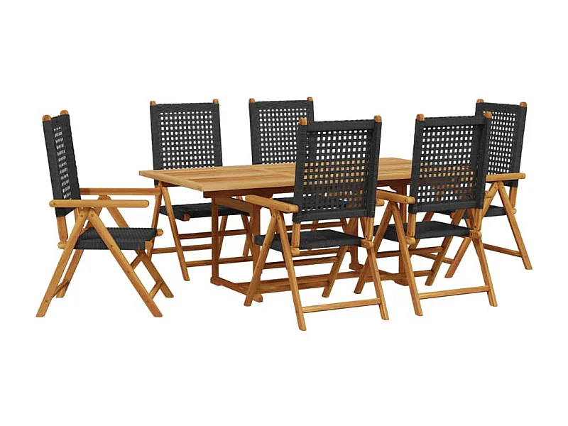 Grilda  Ensemble à manger de jardin 7 pcs noir rotin et bois massif