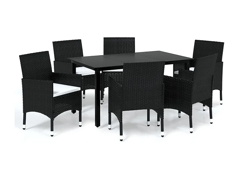Wausau  Set de comedor de jardín 7 pzas y cojines ratán sintético negro