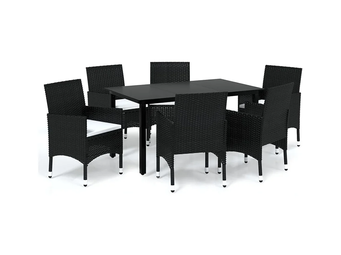 Wausau  Set de comedor de jardín 7 pzas y cojines ratán sintético negro