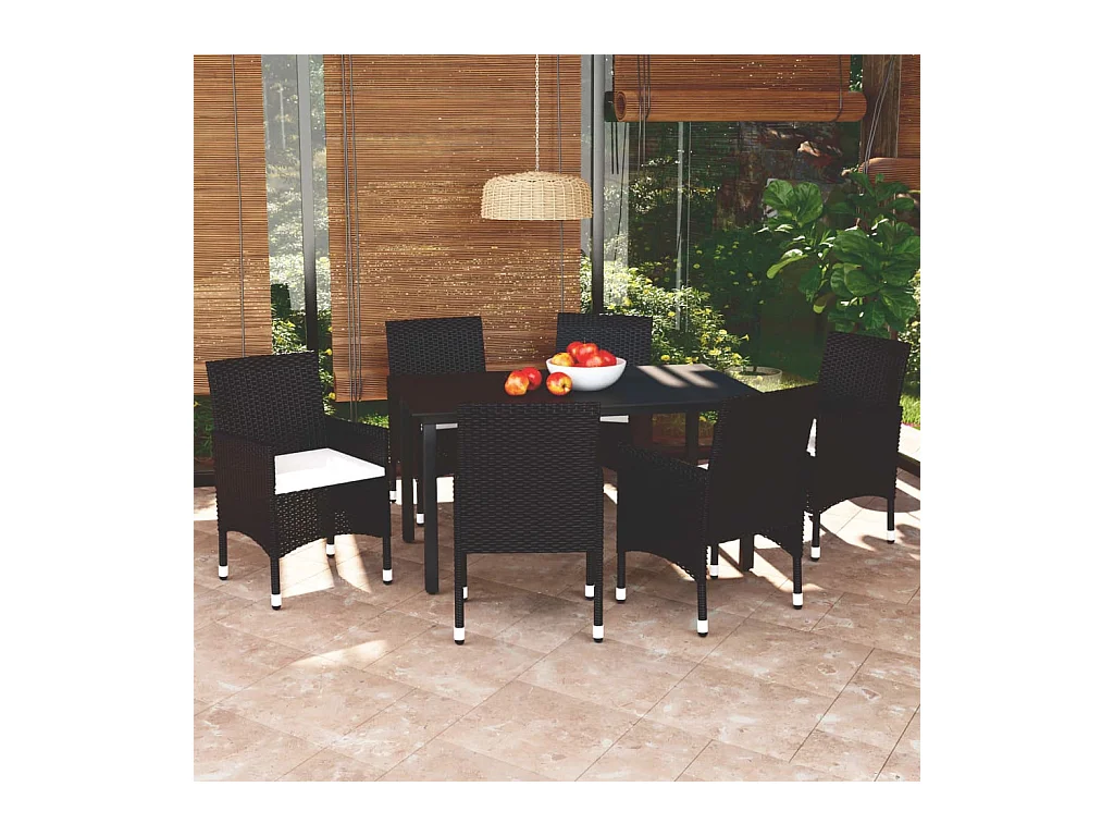 Wausau  Set de comedor de jardín 7 pzas y cojines ratán sintético negro