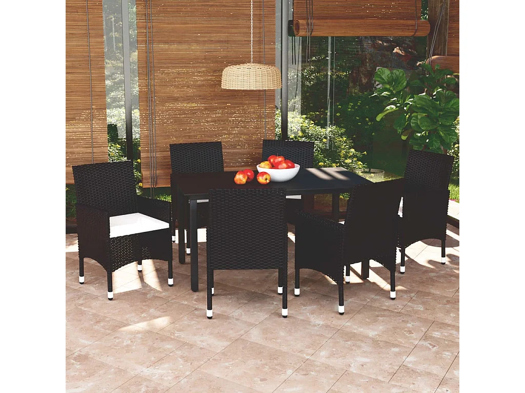 Wausau  Ensemble à manger de jardin coussins 7pcs Résine tressée Noir