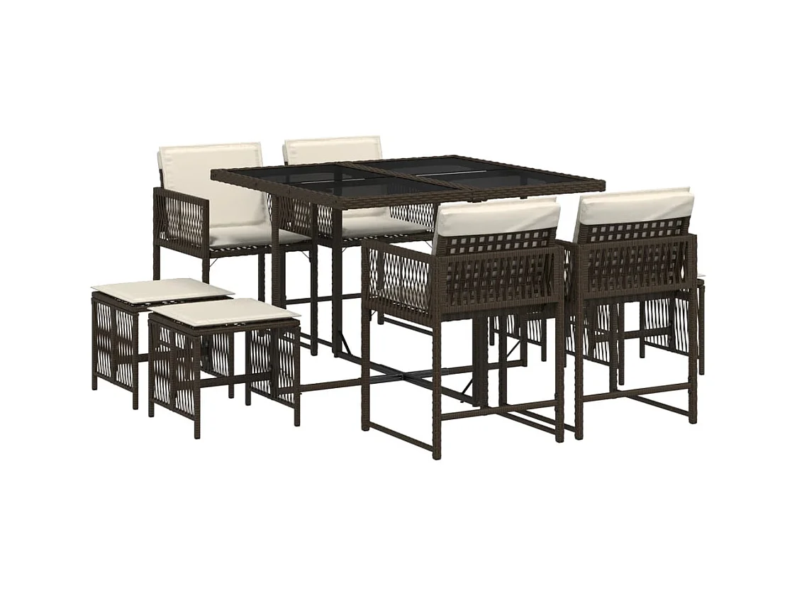 Xeli  Ensemble à manger de jardin et coussins 9 pcs marron poly rotin