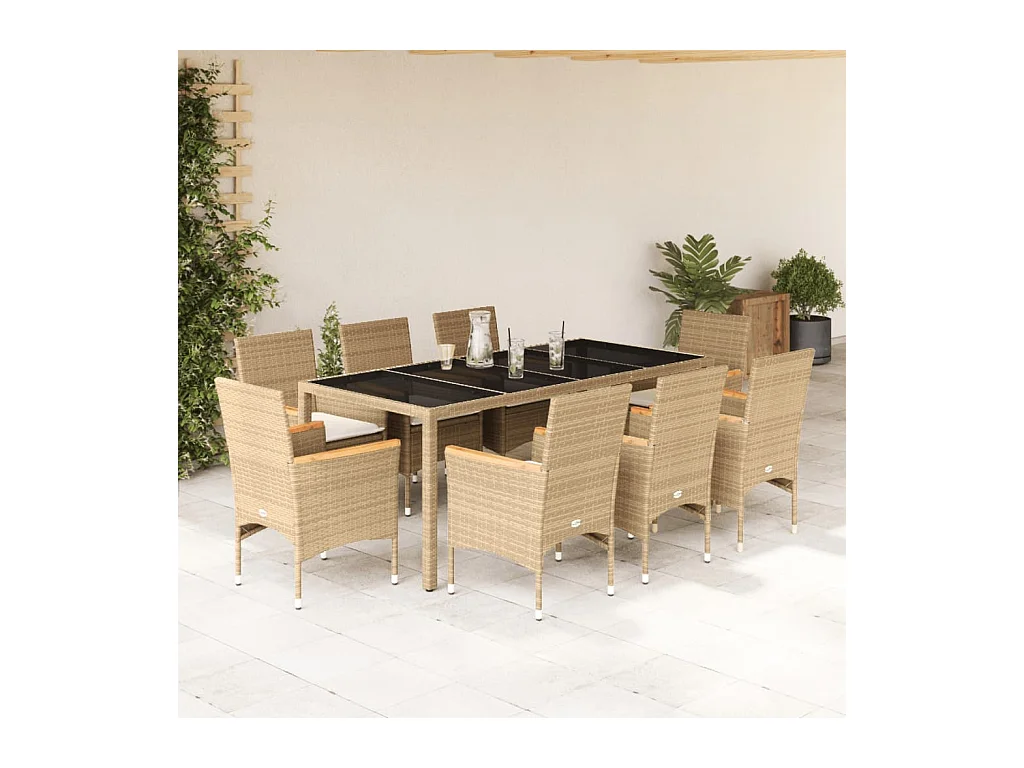 Bakersfield  Set comedor jardín 9 pzas cojines ratán sintético vidrio beige