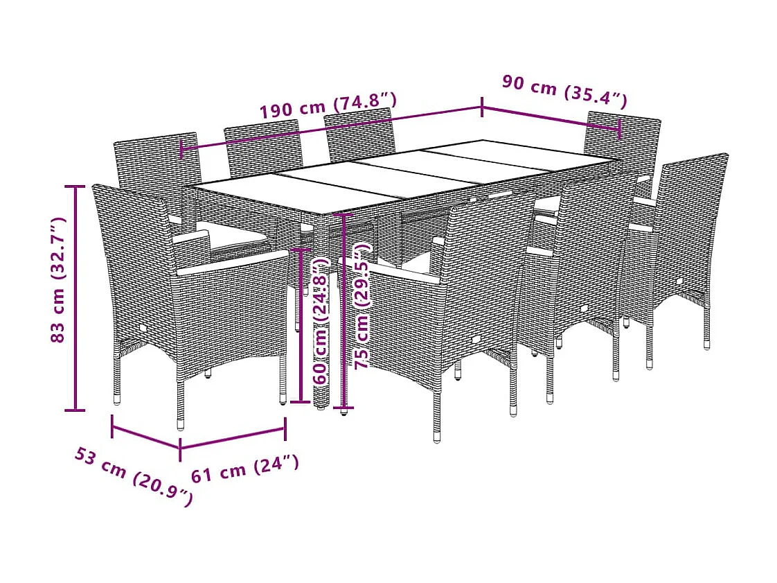 Bakersfield  Set comedor jardín 9 pzas cojines ratán sintético vidrio beige
