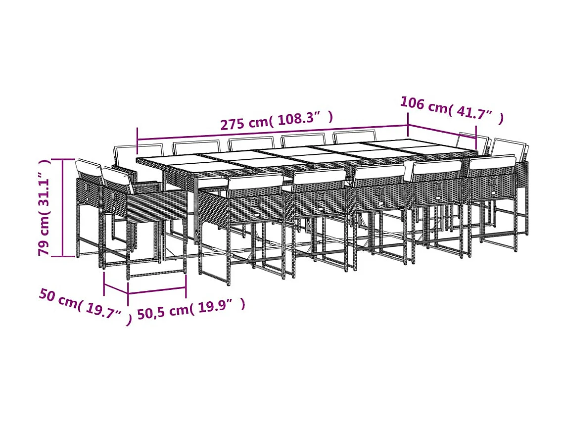 Brienne  Set comedor de jardín con cojines 15 pzas ratán sintético gris