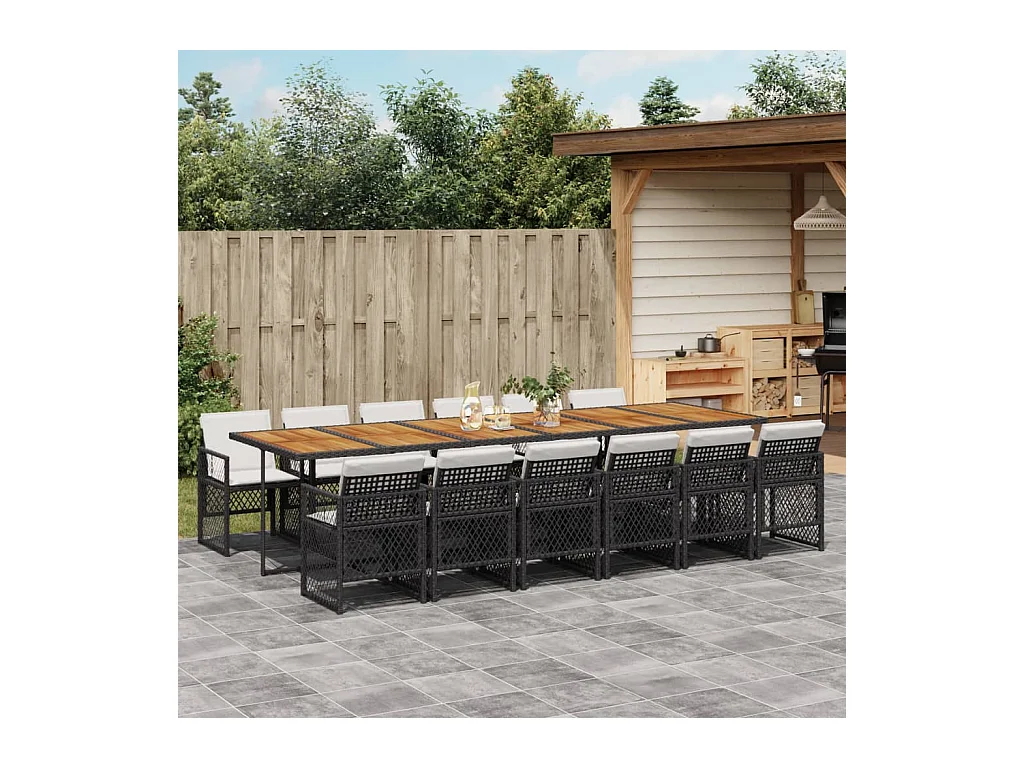 Connersville  Set comedor de jardín con cojines 13 pzas ratán sintético negro