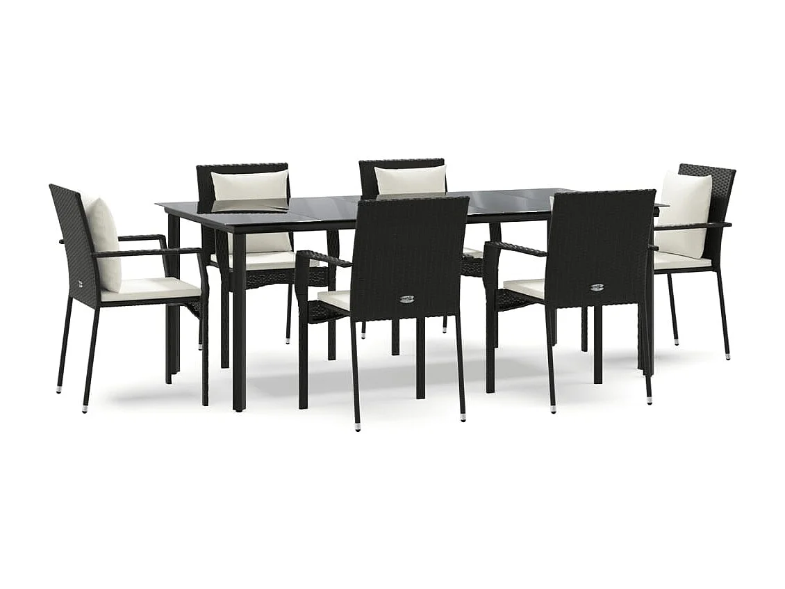 Rhett Logan  Ensemble à manger de jardin coussins 7pcs Noir Résine tressée