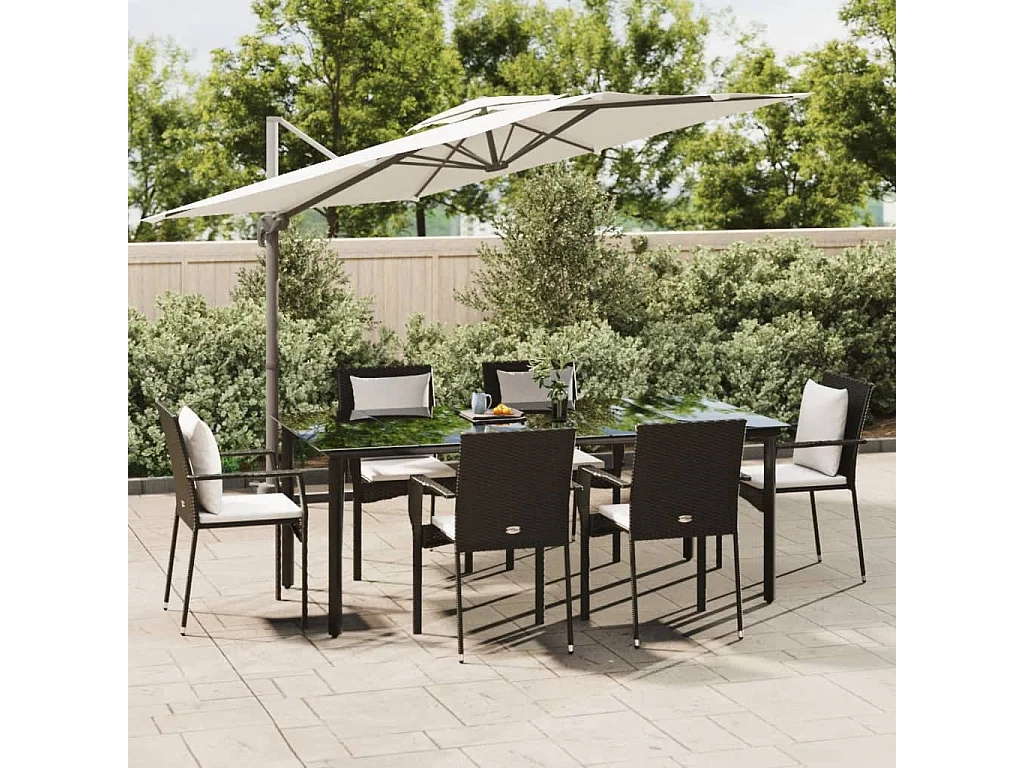 Rhett Logan  Ensemble à manger de jardin coussins 7pcs Noir Résine tressée