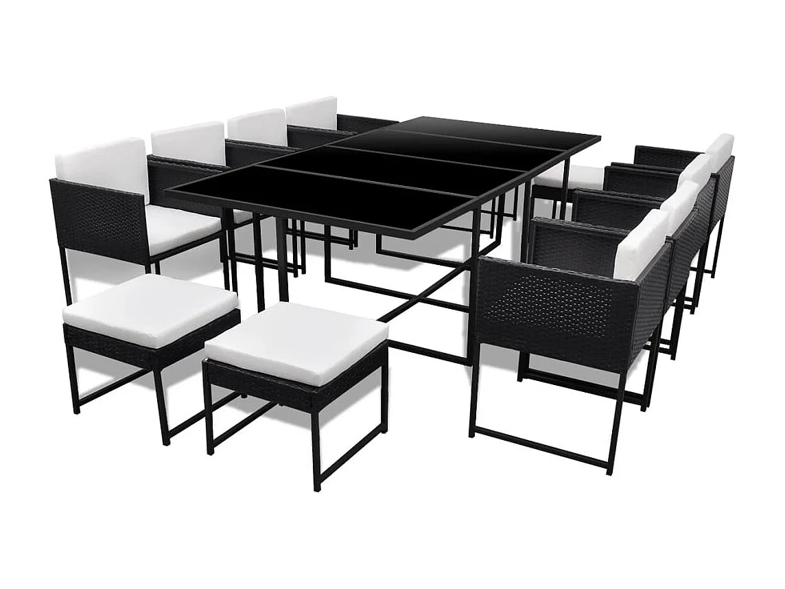 Wardo  Set comedor de jardín 13 piezas y cojines ratán sintético negro