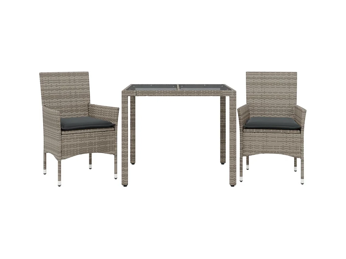 Stafford Springs  Ensemble à manger de jardin et coussins 3 pcs gris rotin verre