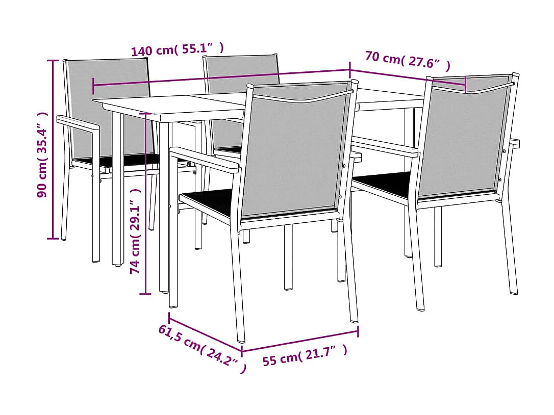 Ivanna  Juego de comedor para jardín 5 piezas acero y textilene negro