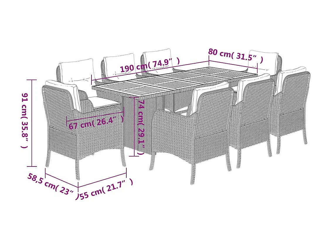 Karlyn  9-delige Tuinset met kussens poly rattan beige