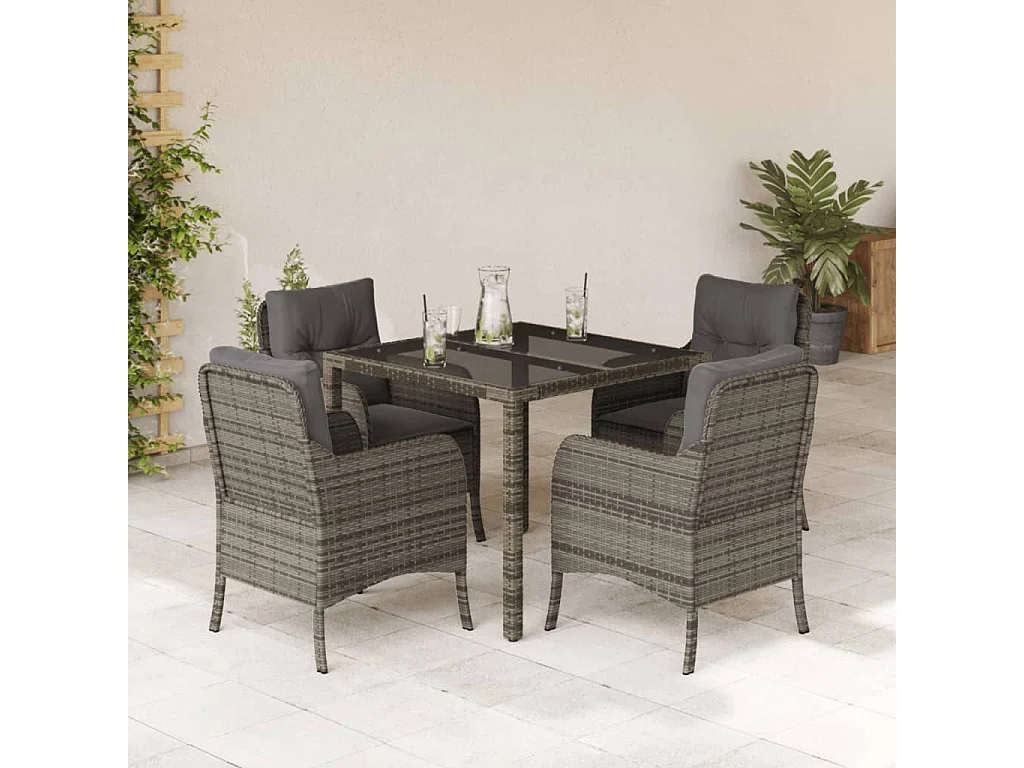 Marco Gianluca  Ensemble à manger de jardin 5 pcs coussins gris résine tressée